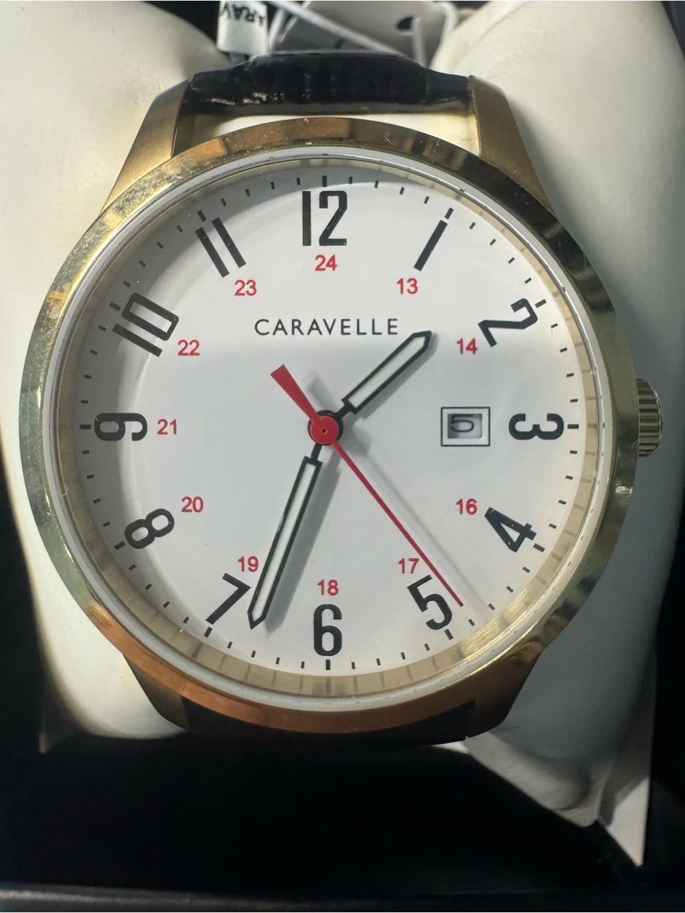 #216 Bulova Gold-Tone Case White Dial Watch with Black Strap and Red Seconds